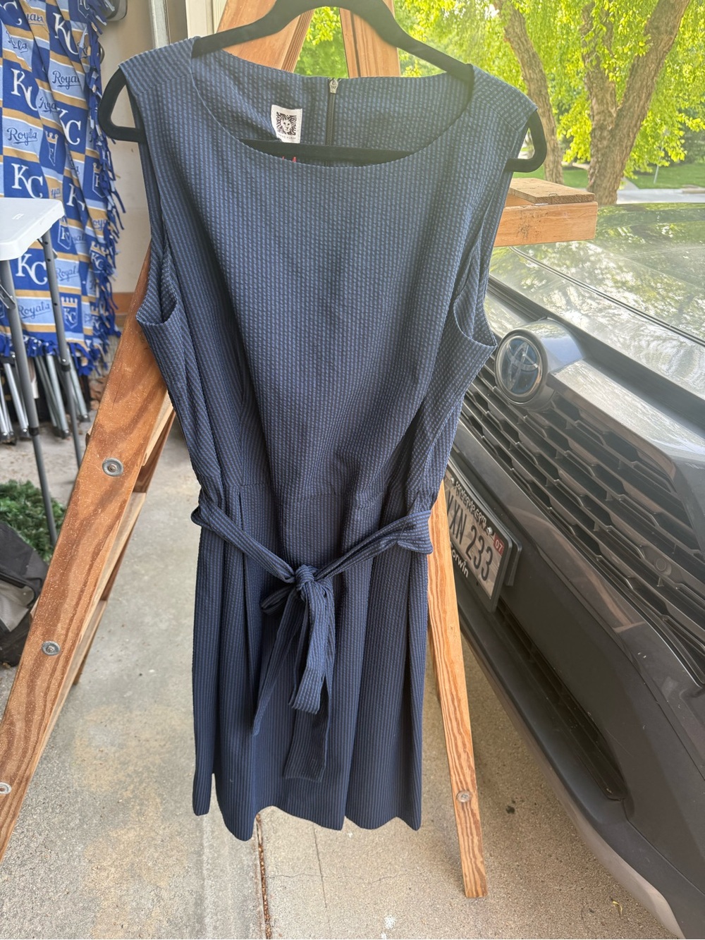 Anne Klein Navy and Black Seersucker Boatneck Dress with Waist Tie